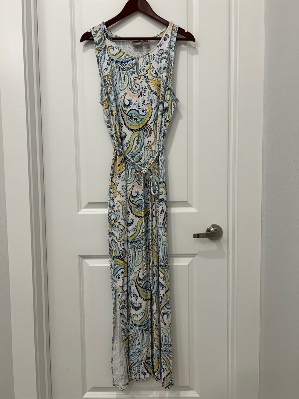 Chico’s White Maxi Dress with Blue & Yellow Paisley